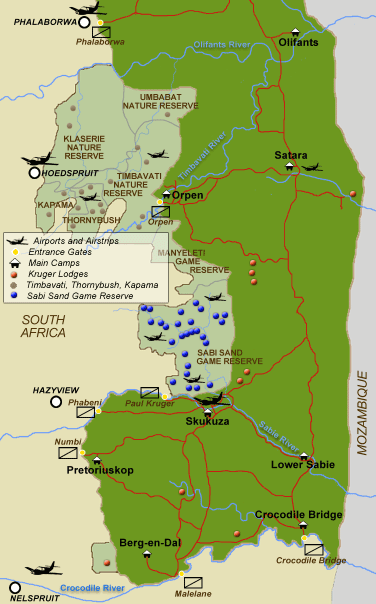Map of Southern Kruger | Accommodation Map of Kruger, Sabi Sand, Timbavati, Thornybush, Kapama