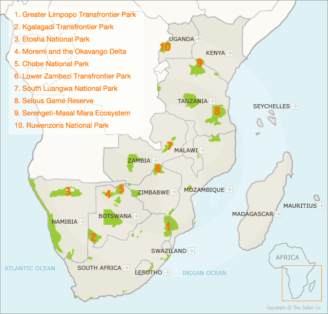 African Wildlife | Game Reserves and National Parks in Africa | Map of Wildlife Reserves